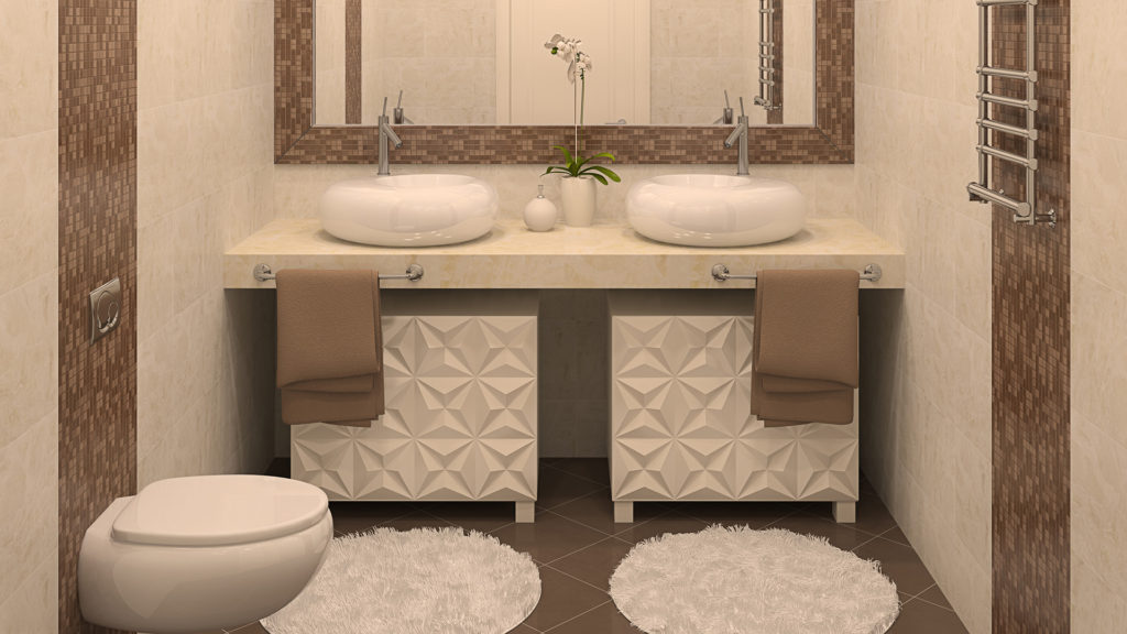 A bathroom with two sinks and a toilet.