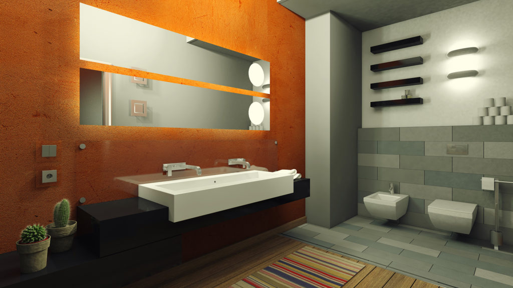A bathroom with orange walls and white fixtures.