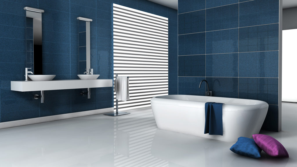 A bathroom with blue walls and white tile floors.