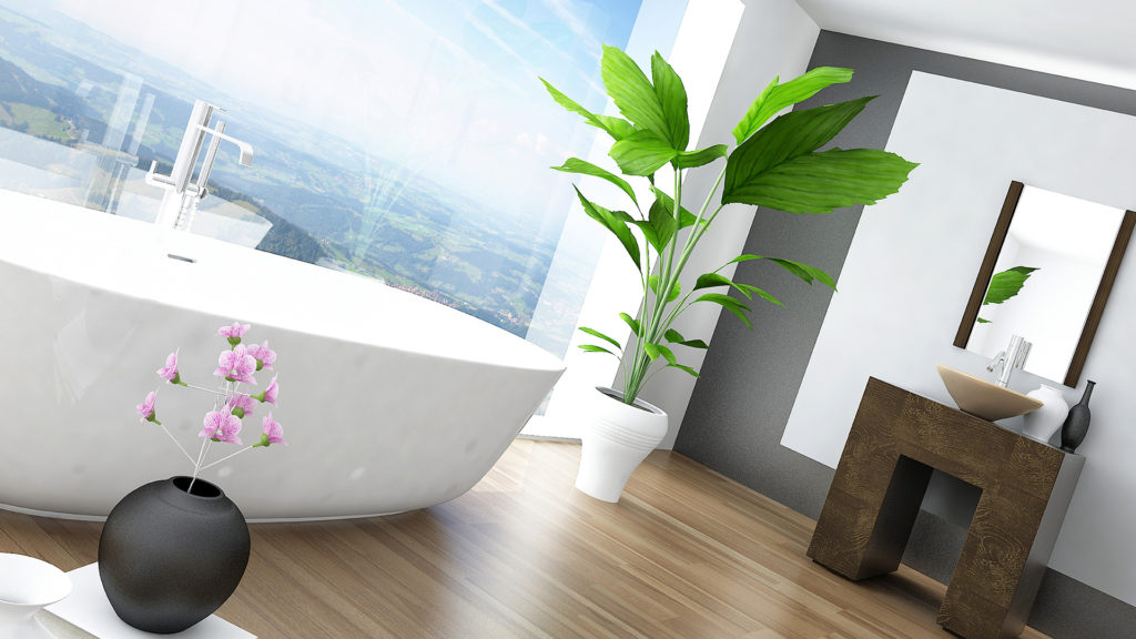 A bathroom with a tub and plant in it
