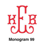 A red monogram with initials kfb on it.