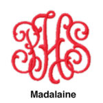 A red monogram with the letters madalaine