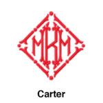 A red diamond with the letters mkm and carter