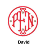 A red and white logo with the letters david