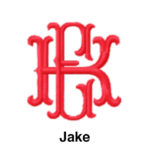 A red monogram with the letters j and k.