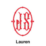 A red oval with the letters lauren in it.