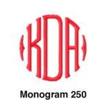 A red monogram with the letters kda in it.