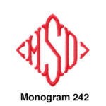 A red monogram with the letter m in it.