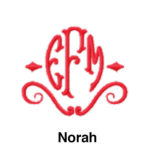 A red monogram with the letters of the word norah.