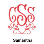 A red monogram with swirls and flowers.