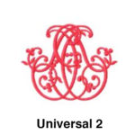 A red monogram with the letters universal 2