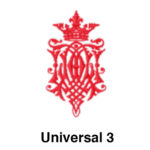 A red and white logo of the universal 3.