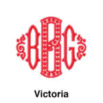 A red monogram with the letters victoria.